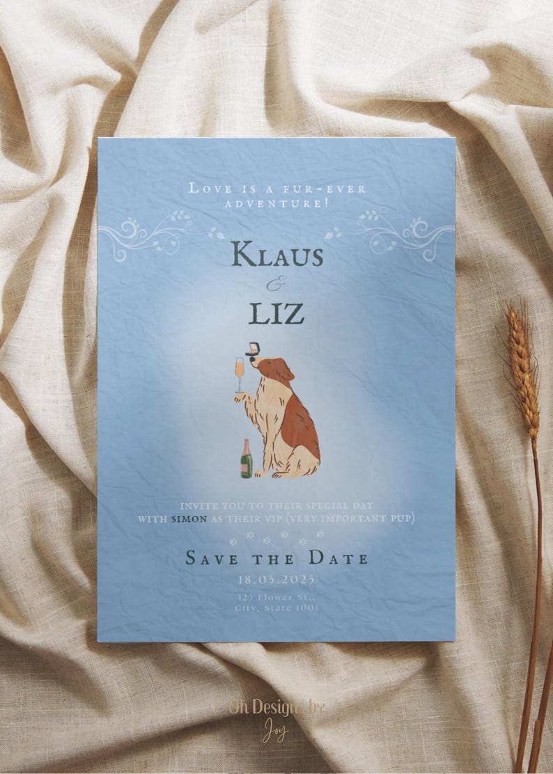 Pet Lover Wedding Invitation, Hochzeitseinladung, Dusty Blue Dog Portrait, Save the Date, Editable Canva Template, Digital Download, Printable
