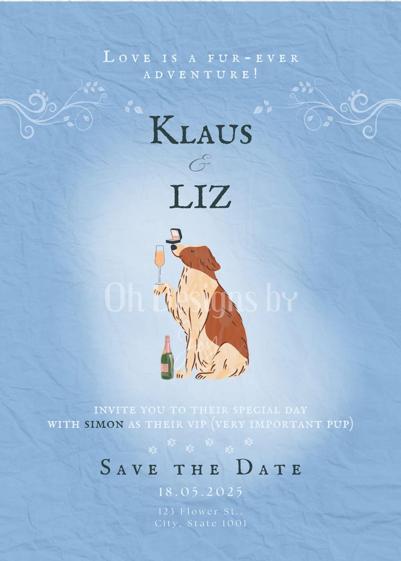 Pet Lover Wedding Invitation, Hochzeitseinladung, Dusty Blue Dog Portrait, Save the Date, Editable Canva Template, Digital Download, Printable