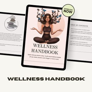 Puede incluir: Una tableta digital muestra la portada de un "Wellness Handbook" con una ilustración de una persona meditando. La imagen presenta a una mujer en posición de yoga con mariposas en el pelo. El texto dice "Descargar ahora" y "Wellness Handbook".