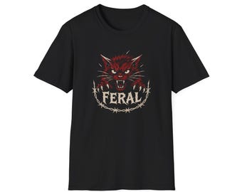 -shirt tête de chat sauvage | Graphique en fil de fer barbelé avec un croc rouge