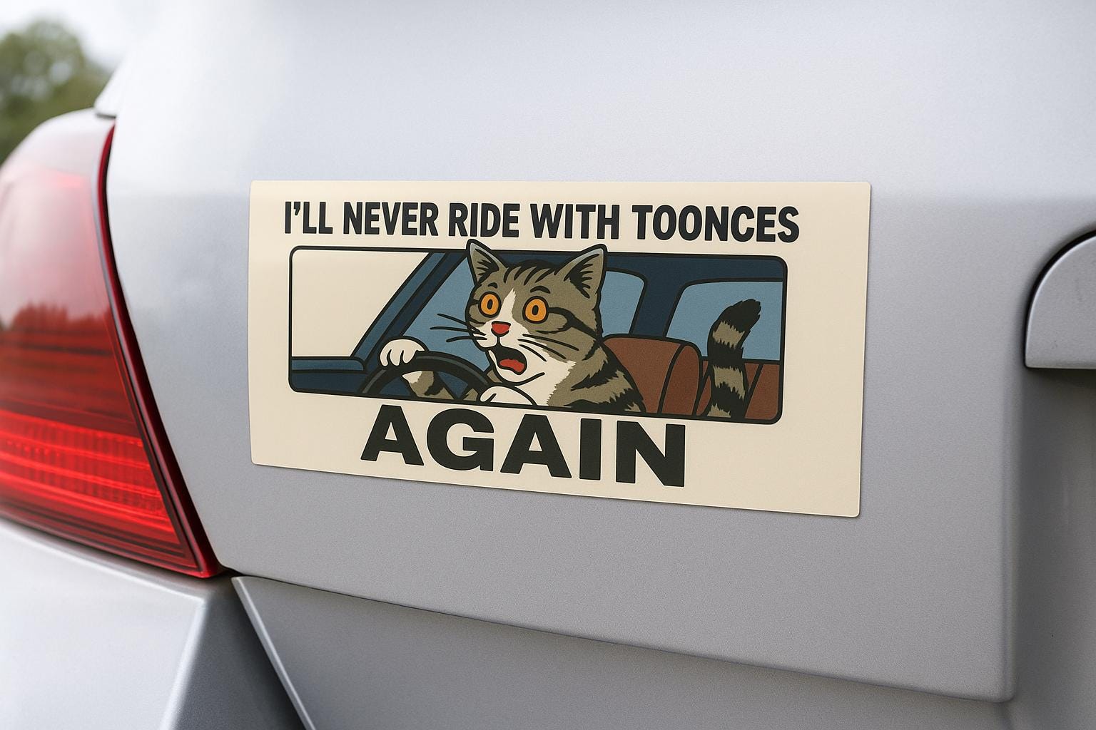 Toonces the Driving Cat Bumper Sticker – SNL Sketch Car Decal 7.5"x3.68 - Thumbnail 2