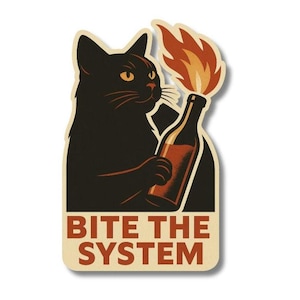 Bite The System Cat Sticker Soviet propaganda style