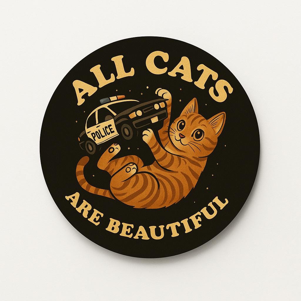 All Cat are Beautiful- kitty playing with cop car sticker 3"