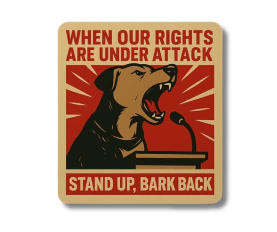 When our rights are under attack, stand up bark back sticker