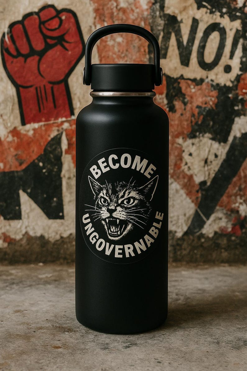 May include: Black water bottle with a black handle and a silver rim. The bottle has a white sticker with a snarling cat and the words "BECOME UNGOVERNABLE". The background is a distressed wall with a red fist.
