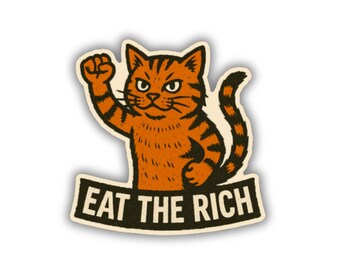 Pegatina "Cómete al gato rico", vinilo resistente a la intemperie, protesta, activista, sátira política, arte felino progresista.