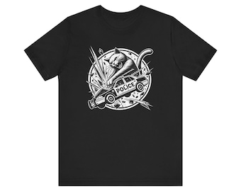 T-shirt avec un chat bondissant dans une voiture de police | T-shirt graphique avec un chat policier