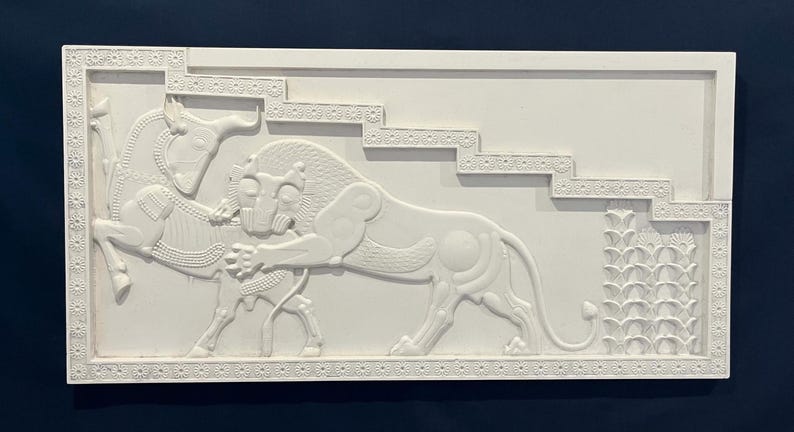 May include: White plaster relief sculpture depicting a lion attacking a horse. The sculpture is framed with a decorative border and features a stylized staircase in the background.