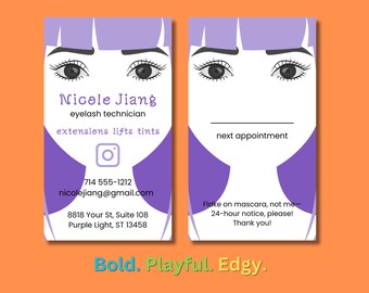May include: A business card with a cartoon illustration of a woman with purple hair and large eyes. The text on the card reads "Nicole Jiang, eyelash technician, extensions lifts tints, 714 555-1212, nicolejiang@gmail.com, 8818 Your St, Suite 108, Purple Light, ST 13458, Flake on mascara, not me - 24-hour notice, please! Thank you!"