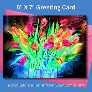 Ilumina su día: Tarjeta de felicitación floral alegre, Día de la Madre, Que te mejores, Pensando en ti, Descarga digital imprimible, Tulipanes, Tarjeta colorida