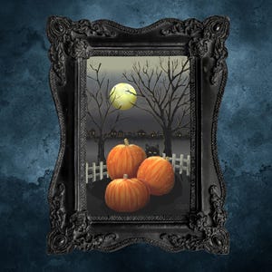 Black Cat Wall Art, Halloween Decor, Spooky Art Print, Pumpkin Art, Full Moon Print, Moon Art, Digital Download, Unframed