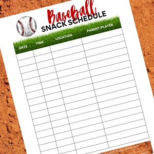 Printable Baseball Snack Schedule: Team Sign-Up Sheet (PDF)