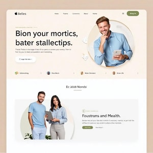 May include: A website screenshot with the text "Bion your mortics, bater stallectips." and "Ec 2028 Nonds". The website features a light brown background with a white and light blue patterned design. The website also features a photo of a man smiling and holding a phone.
