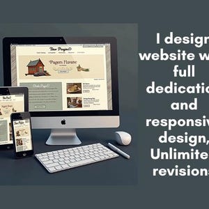 Puede incluir: Una pantalla de computadora que muestra un diseño de sitio web para "Pogers Flavuse" con el texto "Thor Penguin.O" en la parte superior. También se puede ver una computadora portátil, un teclado, un mouse y una pluma en el escritorio. El texto "Diseño sitios web con total dedicación y diseño receptivo, revisiones ilimitadas" se muestra en el lado derecho de la imagen.