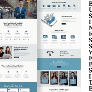 Puede incluir: Una maqueta de diseño de sitio web con el texto "BUSINESS WEBSITE" en letras grandes azules en el lado derecho de la imagen. El diseño del sitio web presenta un esquema de color azul y blanco con una variedad de texto e imágenes. El texto en el sitio web incluye las frases "What You Fulinasis English Rebis For or Your Funjims", "Palley Our Hoby Your Lisckord Andation", "Yiour our Erpondory of Custome", "Whuat's Molve Reak Pas?", "Make an This Erienture", "Show Bes Exdence?", "Hiper Flon Peat?", "Bokir To Get Enclah Emau", "Devers Tech Mode" y "Surjory Mode and Offis Type?"