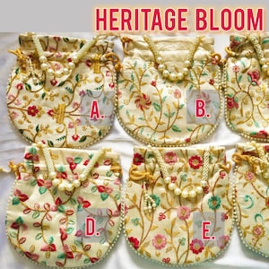 May include: Six embroidered drawstring bags with floral patterns in red, pink, and green on an off-white background. Each bag has a pearl beaded strap and gold accents. The text "HERITAGE BLOOM" is at the top.