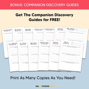 May include: A collection of white paper guides with colorful text, including "Character Education," "Social Skills," and "Confidence." The guides are labeled "Discovery Guide" and the text "Get The Companion Discovery Guides for FREE!" is visible.