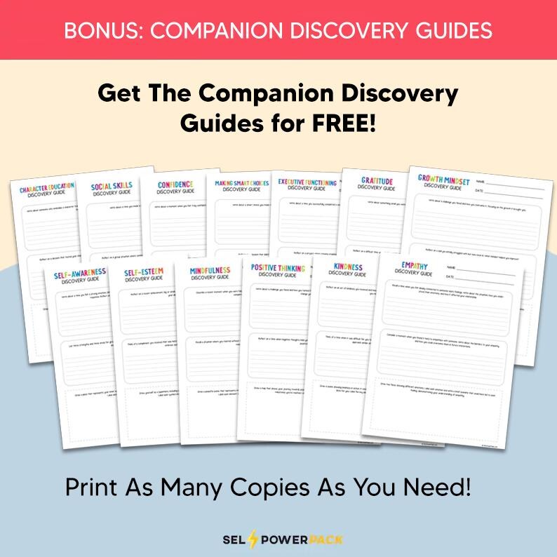 May include: A collection of white paper guides with colorful text, including "Character Education," "Social Skills," and "Confidence." The guides are labeled "Discovery Guide" and the text "Get The Companion Discovery Guides for FREE!" is visible.
