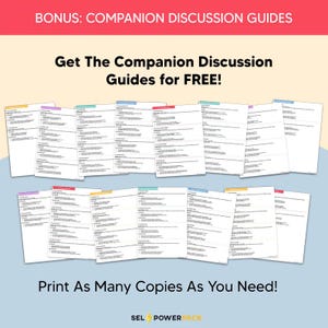 K&ouml;nnte beinhalten: Werbebild mit mehreren gedruckten Diskussionsleitf&auml;den mit farbigen R&auml;ndern. Der Text "Get The Companion Discussion Guides for FREE!" und "Print As Many Copies As You Need!" wird angezeigt. Der Hintergrund ist hellblau.