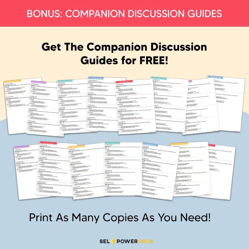 K&ouml;nnte beinhalten: Werbebild mit mehreren gedruckten Diskussionsleitf&auml;den mit farbigen R&auml;ndern. Der Text "Get The Companion Discussion Guides for FREE!" und "Print As Many Copies As You Need!" wird angezeigt. Der Hintergrund ist hellblau.