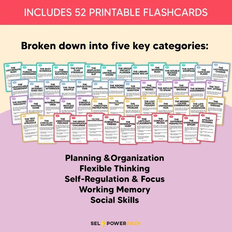 K&ouml;nnte beinhalten: Abbildung von 52 druckbaren Karteikarten f&uuml;r Planung, Organisation, flexibles Denken, Selbstregulierung, Arbeitsged&auml;chtnis und soziale F&auml;higkeiten. Die Karten sind in Reihen und Spalten angeordnet, mit Text auf jeder Karte. Der Text "SEL POWER PACK" ist ebenfalls enthalten.