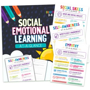 May include: A collection of educational posters and worksheets for grades 3-8, focused on social and emotional learning. The main poster features the title "Social Emotional Learning At-A-Glance" with colorful pencils and a sun graphic. Other posters cover topics like self-awareness and empathy.