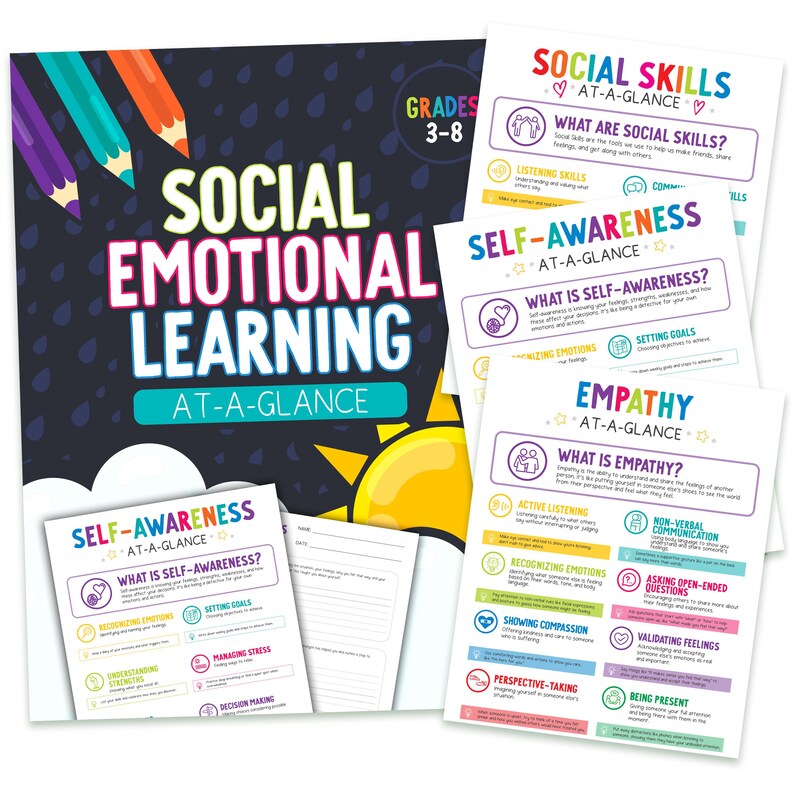 May include: A collection of educational posters and worksheets for grades 3-8, focused on social and emotional learning. The main poster features the title "Social Emotional Learning At-A-Glance" with colorful pencils and a sun graphic. Other posters cover topics like self-awareness and empathy.