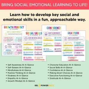 May include: A colorful educational poster set with the text "BRING SOCIAL EMOTIONAL LEARNING TO LIFE!" and "Learn how to develop key social and emotional skills in a fun, approachable way." The posters cover topics like Growth Mindset, Social Skills, and Gratitude.