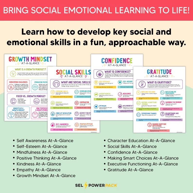 May include: A colorful educational poster set with the text "BRING SOCIAL EMOTIONAL LEARNING TO LIFE!" and "Learn how to develop key social and emotional skills in a fun, approachable way." The posters cover topics like Growth Mindset, Social Skills, and Gratitude.