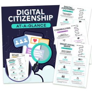 May include: A graphic with the title "DIGITAL CITIZENSHIP AT-A-GLANCE" and related topics. The image includes a smartphone graphic, a magnifying glass, and several informational sheets on digital footprint, cyberbullying, and smart social media.