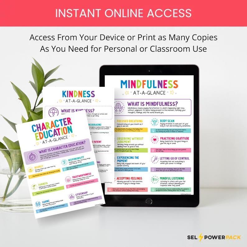 May include: A digital tablet displays a colorful "Mindfulness" chart, with a "Character Education" and "Kindness" chart beside it. The charts feature text and graphics about mindfulness, character education, and kindness. The text "Instant Online Access" is at the top.