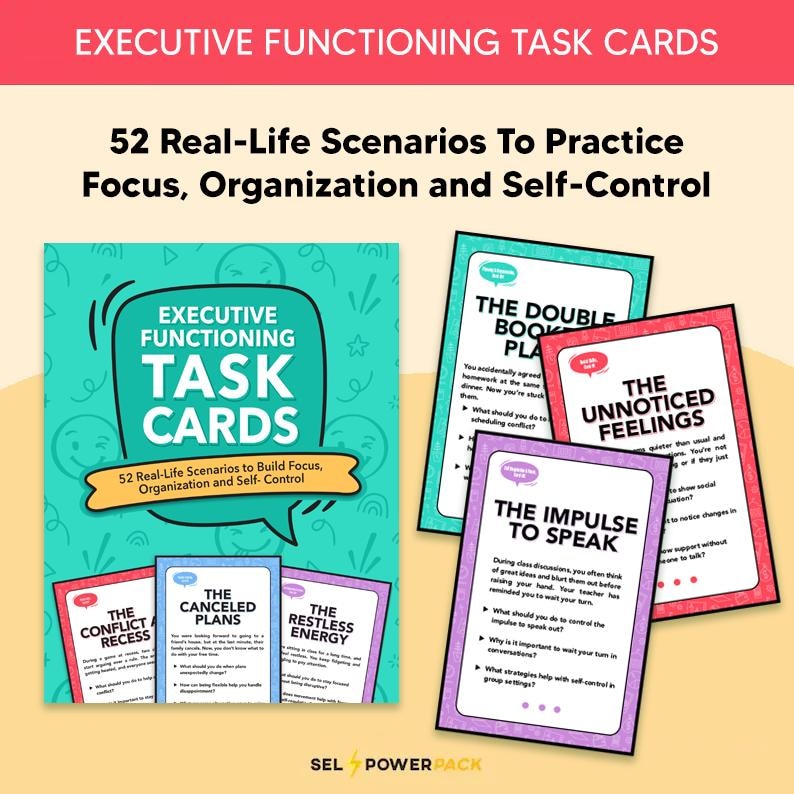 K&ouml;nnte beinhalten: Ein Set von Executive-Funktions-Aufgabenkarten mit dem Titel "Executive Functioning Task Cards" und dem Untertitel "52 Real-Life Scenarios To Practice Focus, Organization and Self-Control". Die Karten sind farbig und zeigen verschiedene Szenarien.
