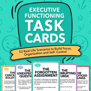 Puede incluir: Tarjetas de tareas de funcionamiento ejecutivo con 52 escenarios de la vida real para desarrollar el enfoque, la organización y el autocontrol. El fondo turquesa presenta el título en letras blancas grandes. Varias tarjetas de tareas son visibles.