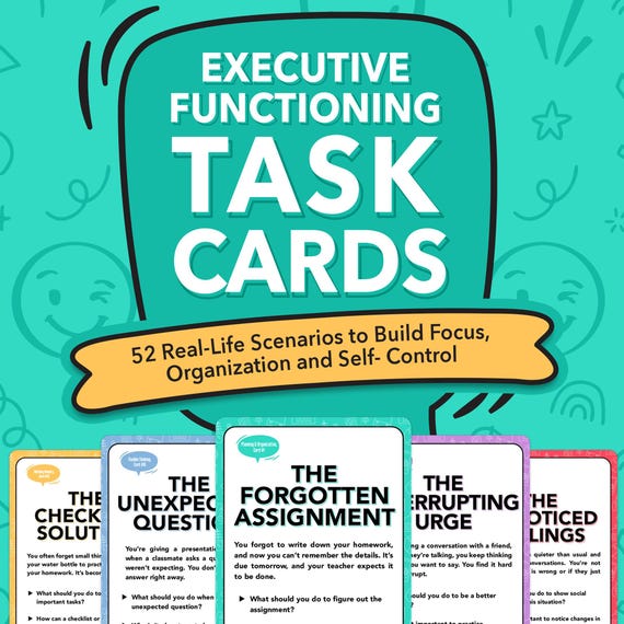 Executive Functioning Task Cards – SEL Flash Cards, Organization & Focus Prompts, Classroom and Counseling Resource