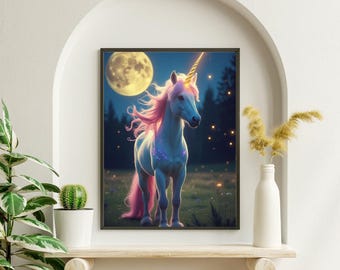 Mystical Unicorn Print – Fantasy Digital Art, Glowing Moonlit Unicorn, Dreamy Pastel Wall Decor, Enchanted Horse Illustration