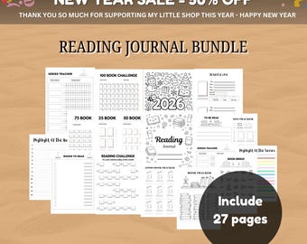 Printable Reading Journal Bundle, Book Tracker, Reading Challenges 27 Pages, Digital Download