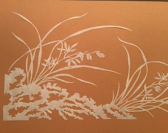 Matted and mounted grass silhouette paper cut, NOS