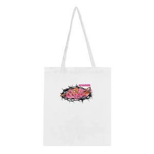 May include: White tote bag with a pink and orange illustration of a person lying on a bed of thorns. The text "untouchable." is printed in pink above the illustration.