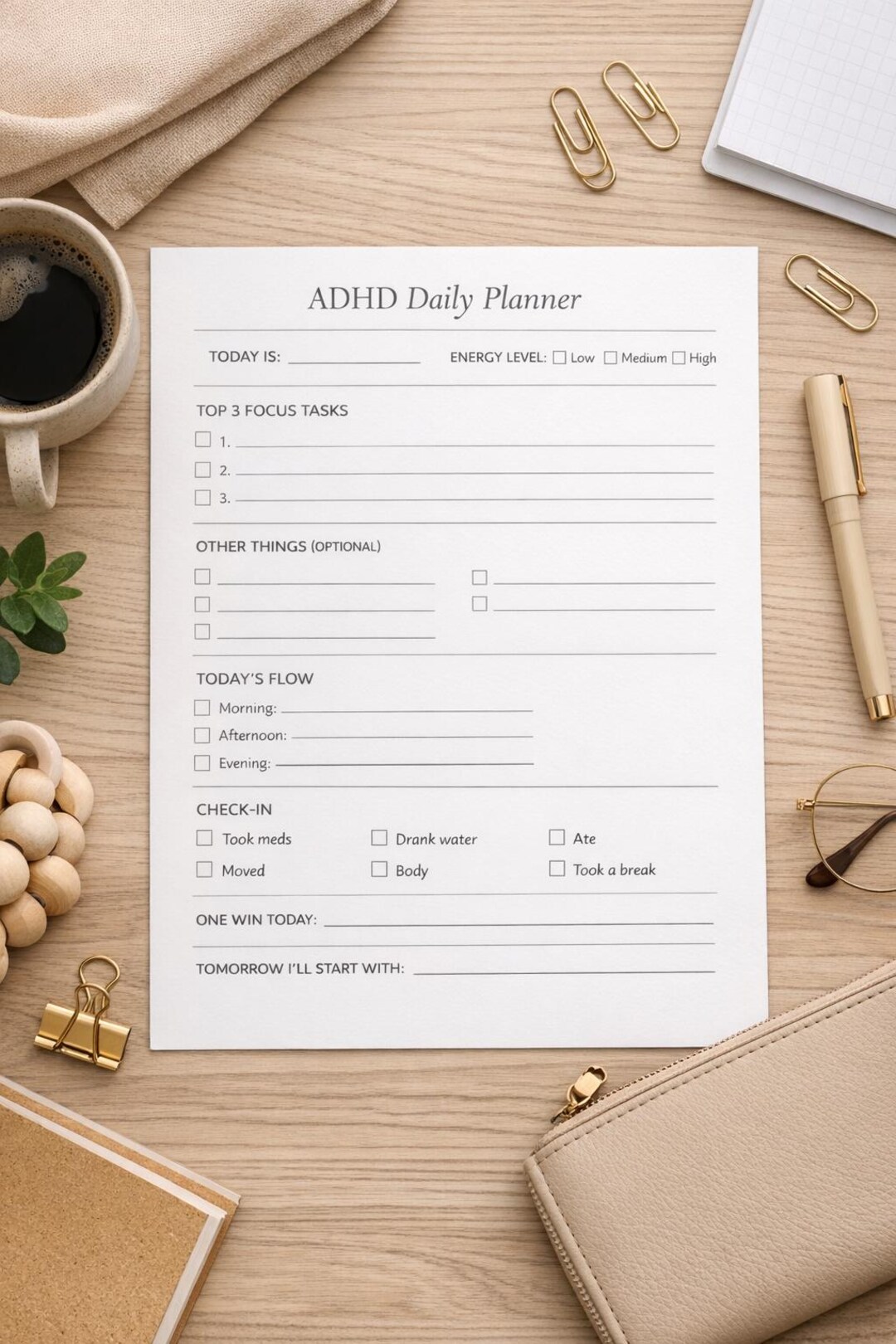 ADHD Daily Planner Printable | Executive Function Planner | Simple ...
