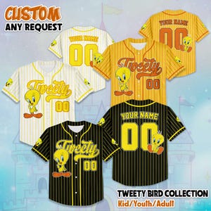 Aangepaste honkbaltrui uit de Tweety Bird-collectie, aangepast Tweety jersey shirt, Tweety verjaardagscadeau, outfit Disney honkbalteam