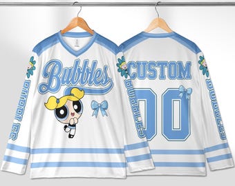 Personalized Bubbles Hockey Jersey, Custom Powerpuff Girls Shirt, Cartoon Sports Outfit, Matching Family Tee, Fan Gift