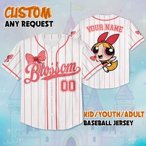 Personalized Coquette Bow Blossom Baseball Jersey, Custom The Powerpuff Girls Jersey Shirt, Disney Blossom Shirt, Magic Kingdom Shirt