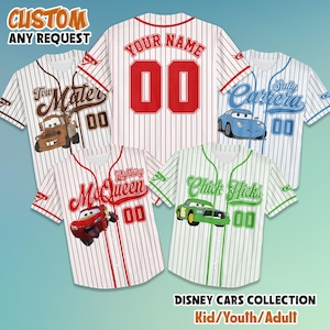 Camiseta de béisbol personalizada de la colección Disney Cars, camiseta de béisbol de Rayo McQueen de Disney, camiseta de Disney Cars