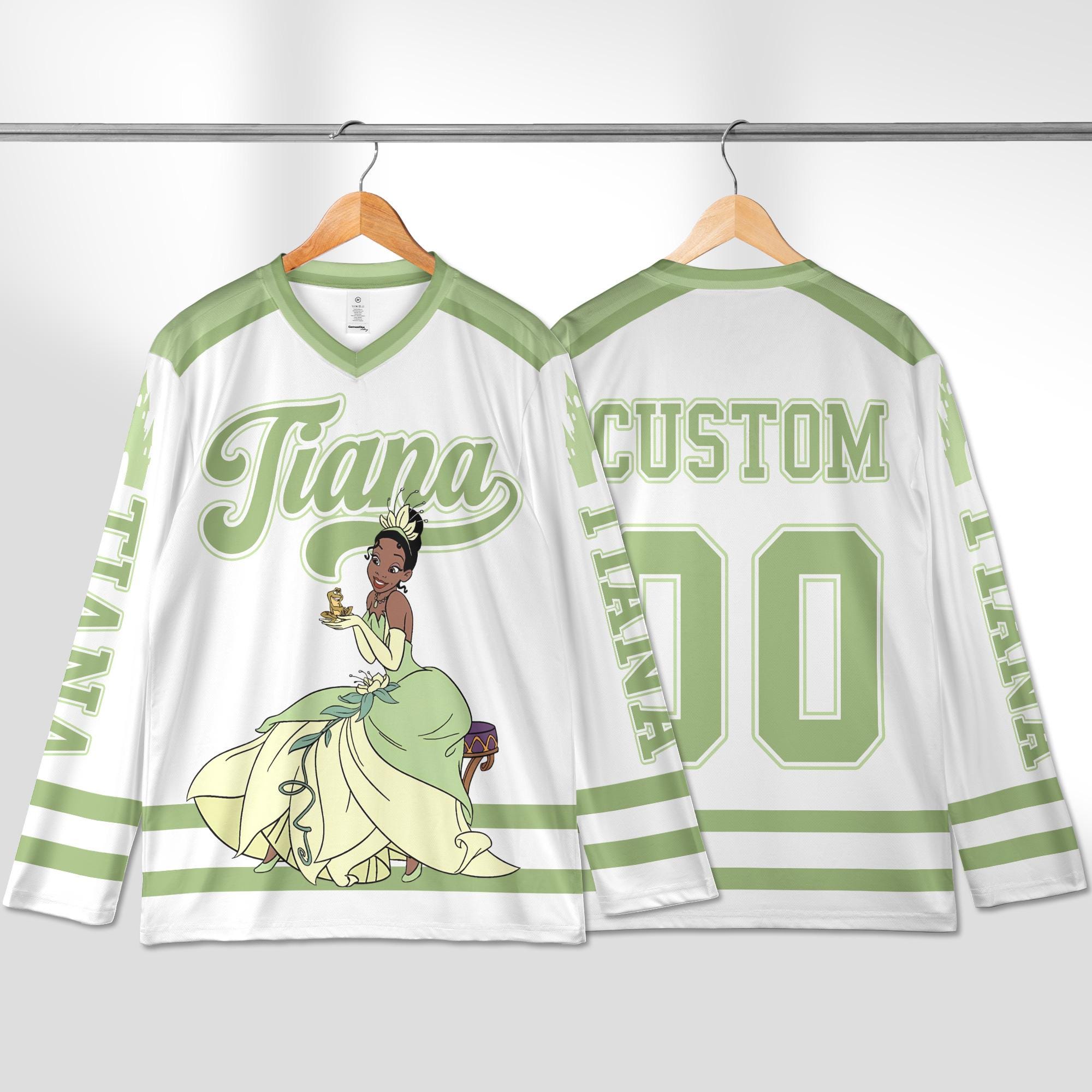 Discover Personalized Tiana Hockey Jersey, Custom Princess and the Frog Shirt, Green Hockey Outfit, Disney Princess Sports Gift