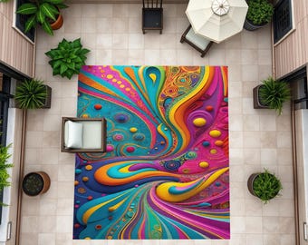 Alfombra colorida, alfombra para terraza, alfombra para balcón, alfombra de diseño vintage, alfombra abstracta, alfombra con impresión digital, antideslizante, lavable