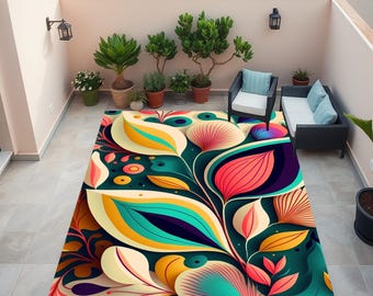 Alfombra floral, alfombra con estampado de flores, alfombra floral para terraza, alfombra para terraza, alfombra para balcón, alfombra colorida, alfombra vintage, antideslizante, lavable