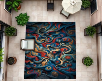 Alfombra colorida, alfombra para terraza, alfombra para balcón, alfombra de diseño vintage, alfombra abstracta, alfombra con impresión digital, antideslizante, lavable