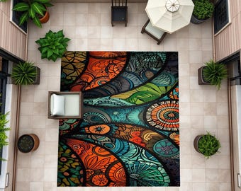 Mandala Rug, Mandala Patterned Rug, Terrace Rug, Balcony Rug, Vintage Desing Rug, Digital Printing Rug, Non Slip, Washable