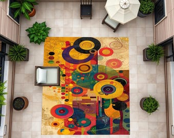 Alfombra colorida, alfombra para terraza, alfombra para balcón, alfombra de diseño vintage, alfombra abstracta, alfombra con impresión digital, antideslizante, lavable