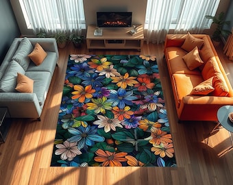 Colorful Floral Rug, Flower Patterned Rug, Floral Rug, Colorful Desing Carpet, Salon Decor, Rugs For Living Room, Home Decor Rug, Non Slip